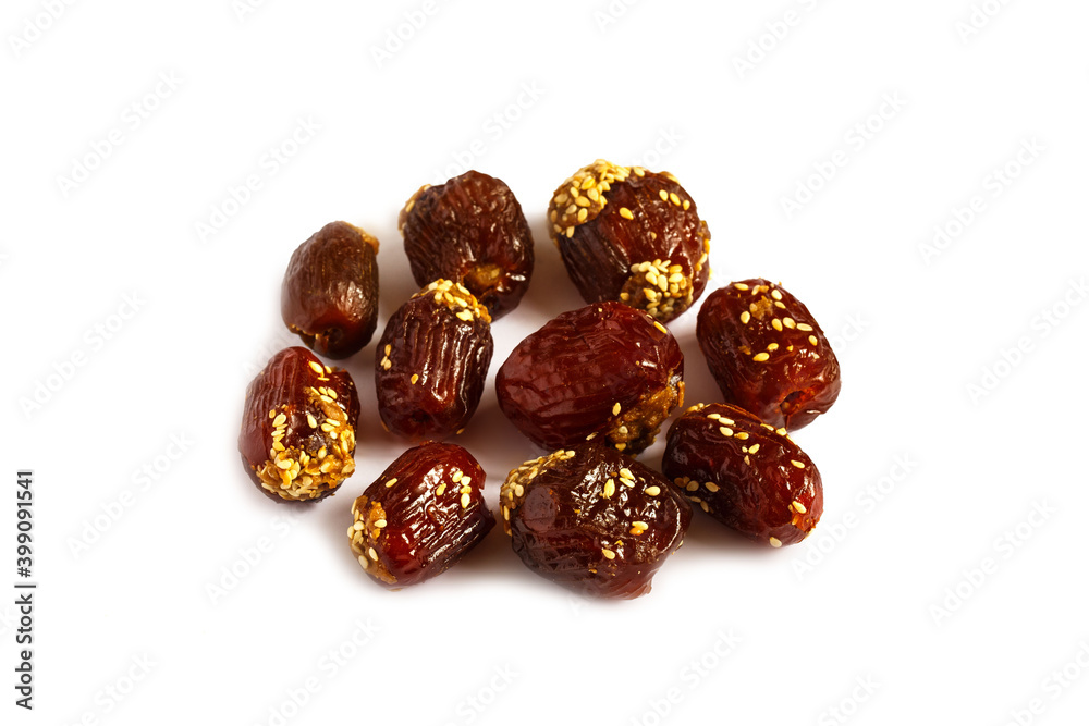 dates filled with peanut butter and sprinkled with sesame seeds isolated on white background dates filled with peanut butter and sprinkled with sesame seeds isolated on white background