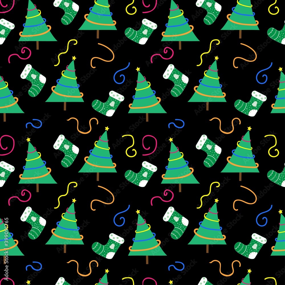 Obraz premium New Year tree with colorful garlands and a Christmas sock on a black background.