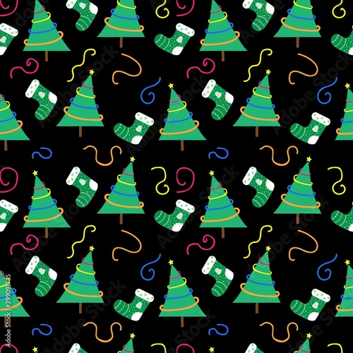 New Year tree with colorful garlands and a Christmas sock on a black background.