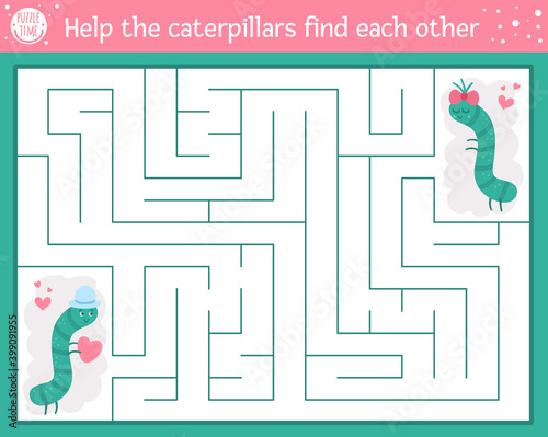Saint Valentine day maze for children. Holiday preschool printable educational activity. Funny game with insects. Romantic puzzle with love theme. Help the caterpillars find each other .