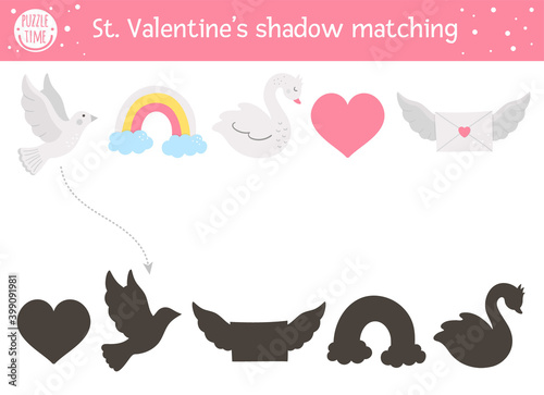 Saint valentine day shadow matching activity for children. Fun puzzle with cute holiday symbols. Educational game for kids with love theme. Find the correct silhouette printable worksheet. .