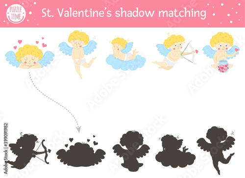 Saint valentine day shadow matching activity for children. Fun puzzle with cute holiday symbols. Educational game for kids with cupids and love theme. Find the correct silhouette worksheet. .