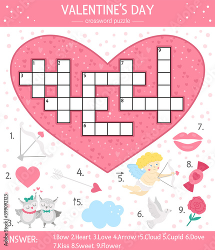 Vector Saint Valentine day crossword puzzle for kids. Simple heart shaped quiz with holiday objects and animals for children. Educational activity with traditional elements and love theme.