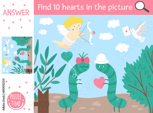 Vector Saint Valentine day searching game with cute caterpillars in the garden. Find hidden hearts in the picture. Simple fun educational holiday printable activity for kids with funny characters.