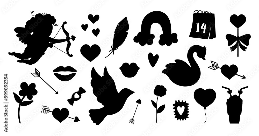 Vector set of Saint Valentine day silhouettes. Collection of cute black and white characters and objects with love concept. Cupid, dove, hearts and swans isolated on white background. . Vector set of Saint Valentine day silhouettes. Collection of cute black and white characters and objects with love concept. Cupid, dove, hearts and swans isolated on white background. .
