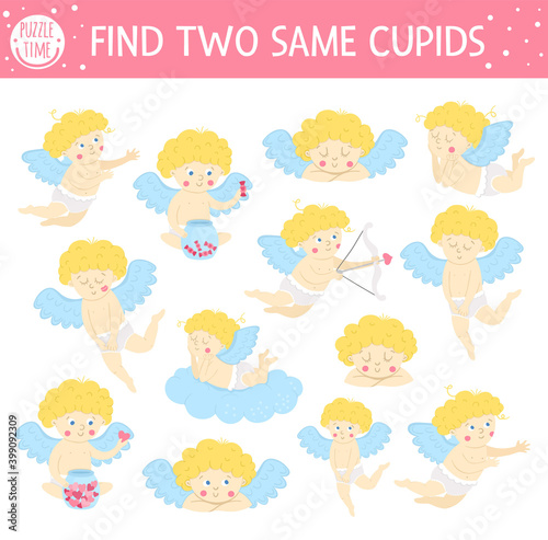 Find two same cupids. Holiday matching activity for children. Funny educational Saint Valentine day logical quiz worksheet for kids. Simple printable game with love theme.