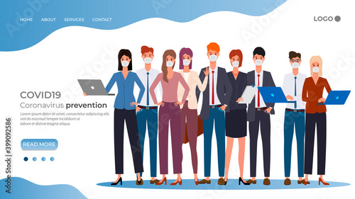 COVID19 Coronavirus prevention.Office workers wear medical masks.Call for compliance with security measures in the context of the epidemic.Protection from coronavirus and flu.