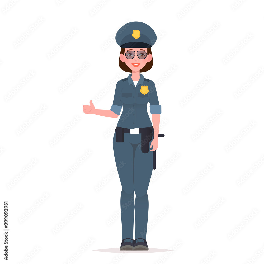 Policewoman in uniform showing thumb up gesture. Vector illustration