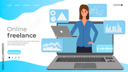 Online freelancing.A young woman is working on her laptop.Office work, online freelancing, and business Analytics.Flat vector illustration.The template of the landing page.