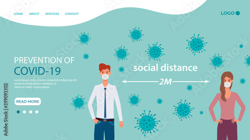 Social distance.COVID19 Coronavirus prevention.A call to maintain social distance in the context of the epidemic.Protection from coronavirus and flu.Landing page template.