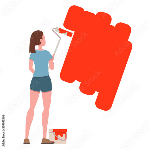 Woman painting wall with roller paint. Vector illustration flat design style