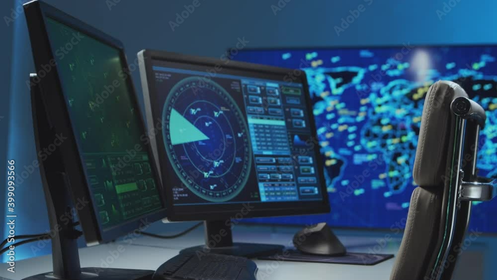 Workplace of the professional air traffic controller in the control tower. Radar, computer navigation and digital maps. Workplace of the professional air traffic controller in the control tower. Radar, computer navigation and digital maps.