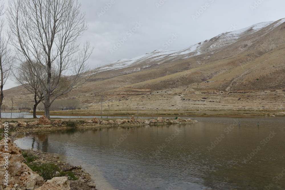 Landscape with trees and water. Lakeside in winter season. Snow covered mountains. Landscape with trees and water. Lakeside in winter season. Snow covered mountains.