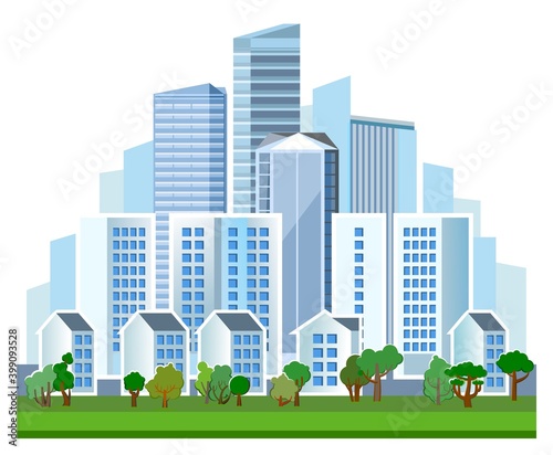 Big modern city. Light pleasant cityscape. High-rise buildings, skyscrapers and high-rise buildings. Green park area with lawns and trees. Flat style. Isolated on white background Vector