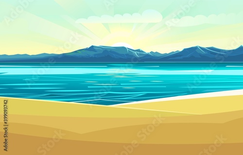 Seaside. Surf line. Sea and waves. On the horizon there is a rocky shore. Flat style illustration. Sand beach. Vector