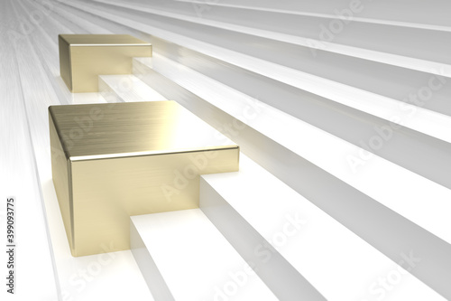 3D Illustration zweier goldener Podeste auf einer weißen Treppe für Mockups und Produktpräsentationen