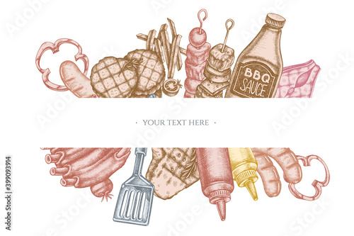 Frames with pastel spatula, Pork ribs, kebab, sausages, steak, sauce bottles, grilled burger patties, grilled tomato, grilled salmon steak, grilled bell pepper