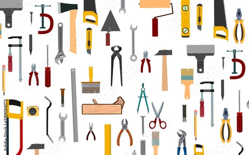 Construction tools. Background. For work as a painter, carpenter, builder, handyman. Repair and construction services. Sale of tools. Hammer, pliers, saw, scissors, brushes.