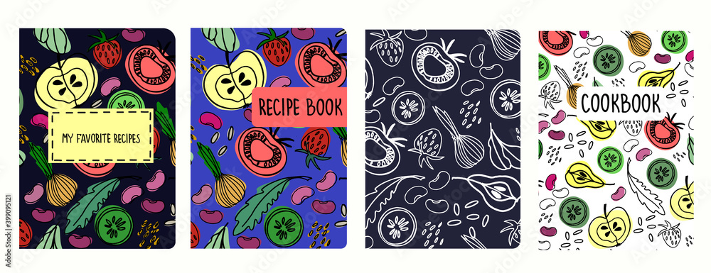Cover page vector templates for recipe books based on seamless patterns with hand drawn fruit and vegetables. Cookery books cover layout. Healthy food, vegan food concept