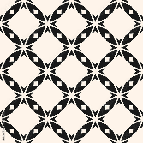 Vector abstract monochrome seamless pattern with carved grid  crosses  diamond shapes  floral silhouettes. Black and white geometric texture. Elegant geometrical background. Repeat decorative design
