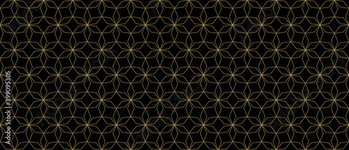 Abstract geometric seamless pattern in Arabian style. Golden lines texture, elegant floral lattice, mesh, grid. Oriental luxury background. Subtle black and gold ornament. Vector modern geo design