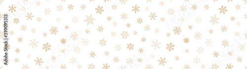 Vector seamless pattern with small gold snowflakes on white. Luxury golden background. Snowflake border texture. Winter holidays, Christmas, New Year theme. Wide repeat design for decor, web, print