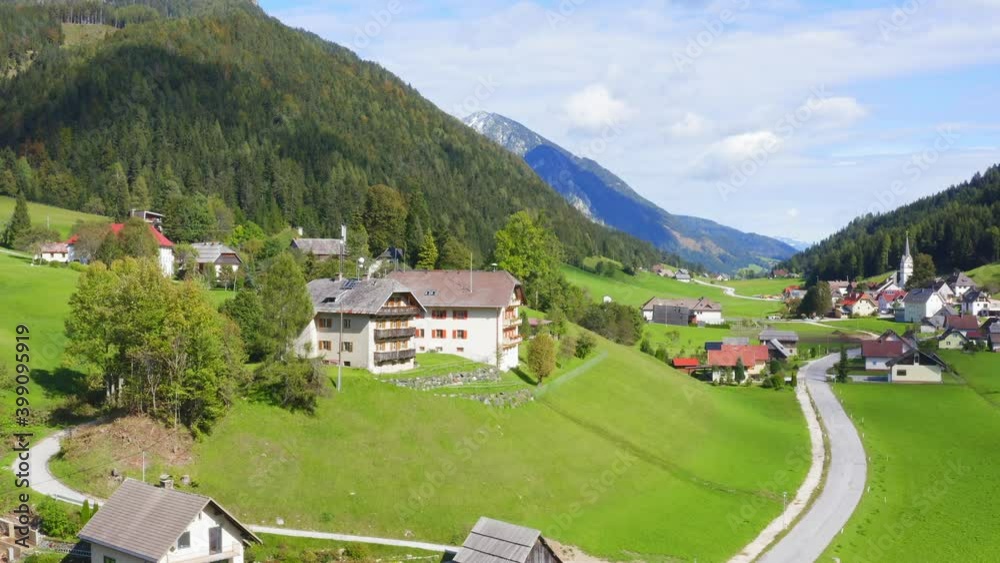 Aerial Valley Floor Buildings In Zell Austria. Follow Shot Aerial Valley Floor Buildings In Zell Austria. Follow Shot