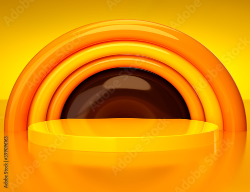3D Illustration eines von Rundbögen eingerahmten Podestes in achartartigen Farben für Mockups und Produktpräsentationen