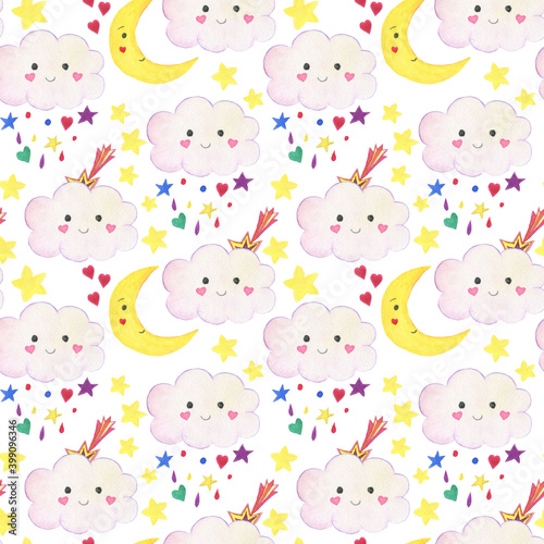 Watercolor painting cute seamless pattern with happy clouds  stars  heart  moon. Baby collection
