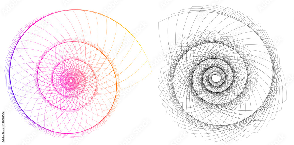 Abstract spiral rainbow design element on white background of twist lines