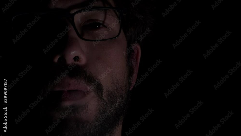 Portrait Young Guy with Glasses and Beard, Smoking, Copy Space, Black Background, Close Up Portrait Young Guy with Glasses and Beard, Smoking, Copy Space, Black Background, Close Up