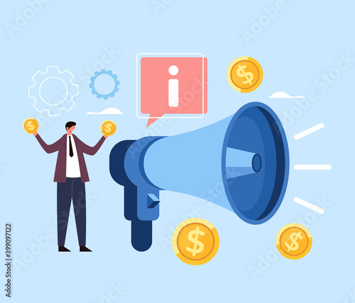 Business marketing megaphone strategy money concept. Vector flat cartoon graphic design illustration
