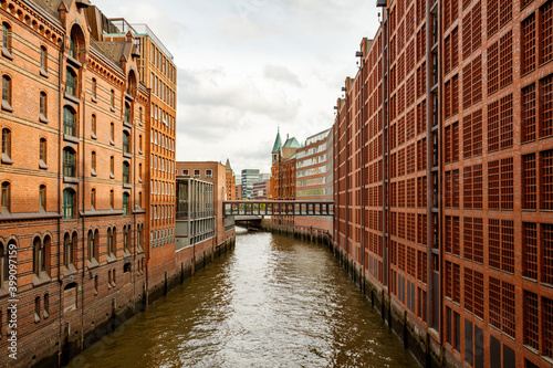  Canal view in the Hamburg warehouse district.