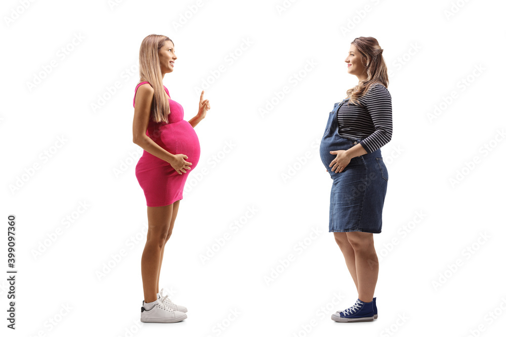Full length profile shot of a two pregnant women having a conversation Full length profile shot of a two pregnant women having a conversation