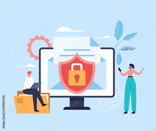 Safe data mile envelope file document transfer concept. Vector flat graphic design illustration