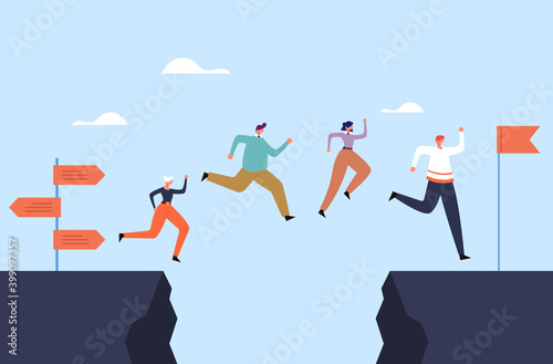 Business people office workers team jump over rock concept. Vector flat graphic design illustration