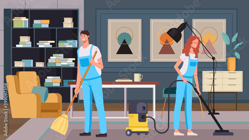 Man woman workers character washing flat. Cleaning service housekeeping concept. Vector flat graphic design illustration