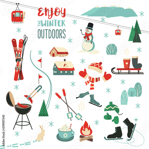 Winter Outdoors fun sport activity icon collection