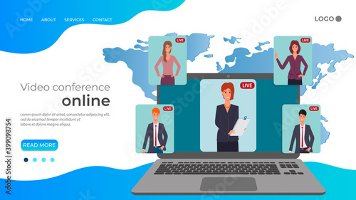 Video conference online.People communicate and conduct business negotiations using a laptop. distance education, freelance and remote work.Flat vector illustration.The template of the landing page.