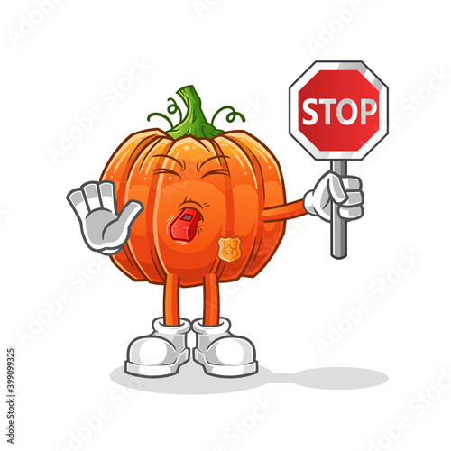 pumpkin holding stop sign cartoon. cartoon mascot vector