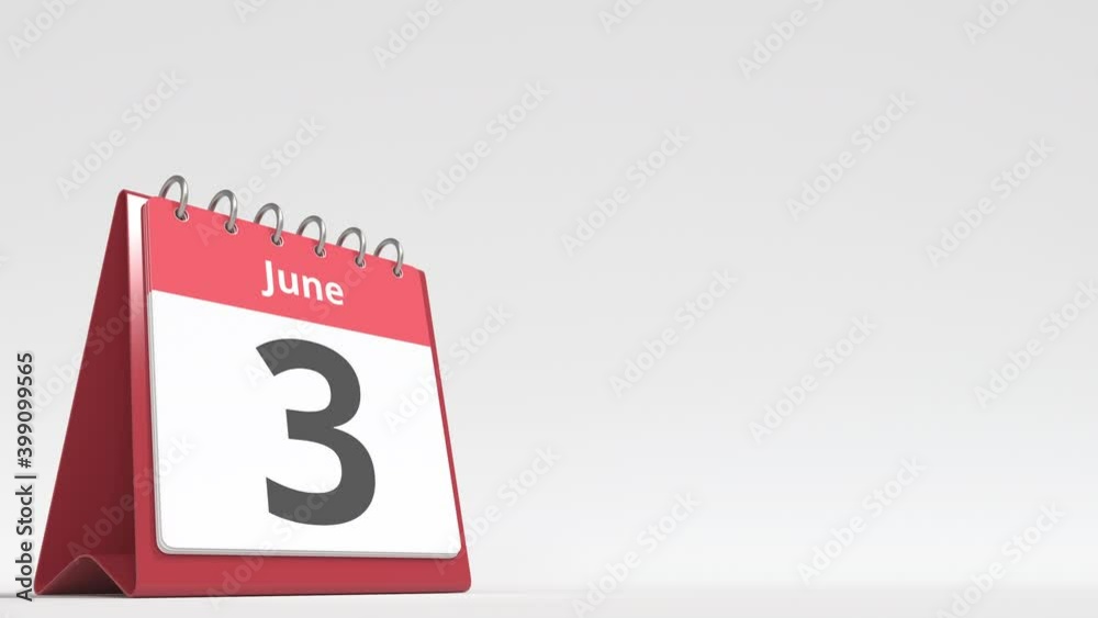 June 3 date on the flip desk calendar page, blank space for user text, 3d animation June 3 date on the flip desk calendar page, blank space for user text, 3d animation