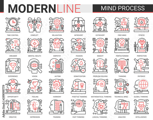 Mind process complex line icon vector illustration set. Red black thin linear symbols mobile app website with human head in brainstorm processing, mental health problem, cogwheel inside brain concept