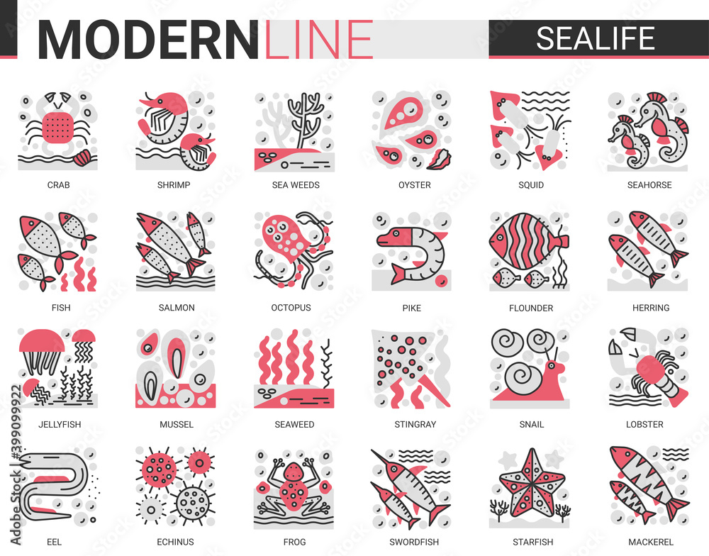 Sealife flat line mini concept symbols. Red black infographic design east restaurant sea life modern icons set.