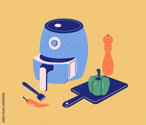 Vector air fryer smart kitchen tool. Modern colorful flat illustration with pepper mill, fork, cutting board. 