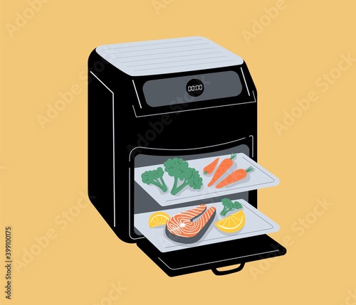 Vector air fryer smart kitchen tool. Modern colorful flat illustration with broccoli, grilled fish, lemon and carrots. Healthy cooking with air circulation