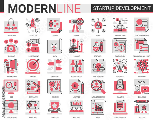 Business startup development technology complex red black flat line icon vector illustration set. Successful business strategy for starting new project symbols developing innovation idea research