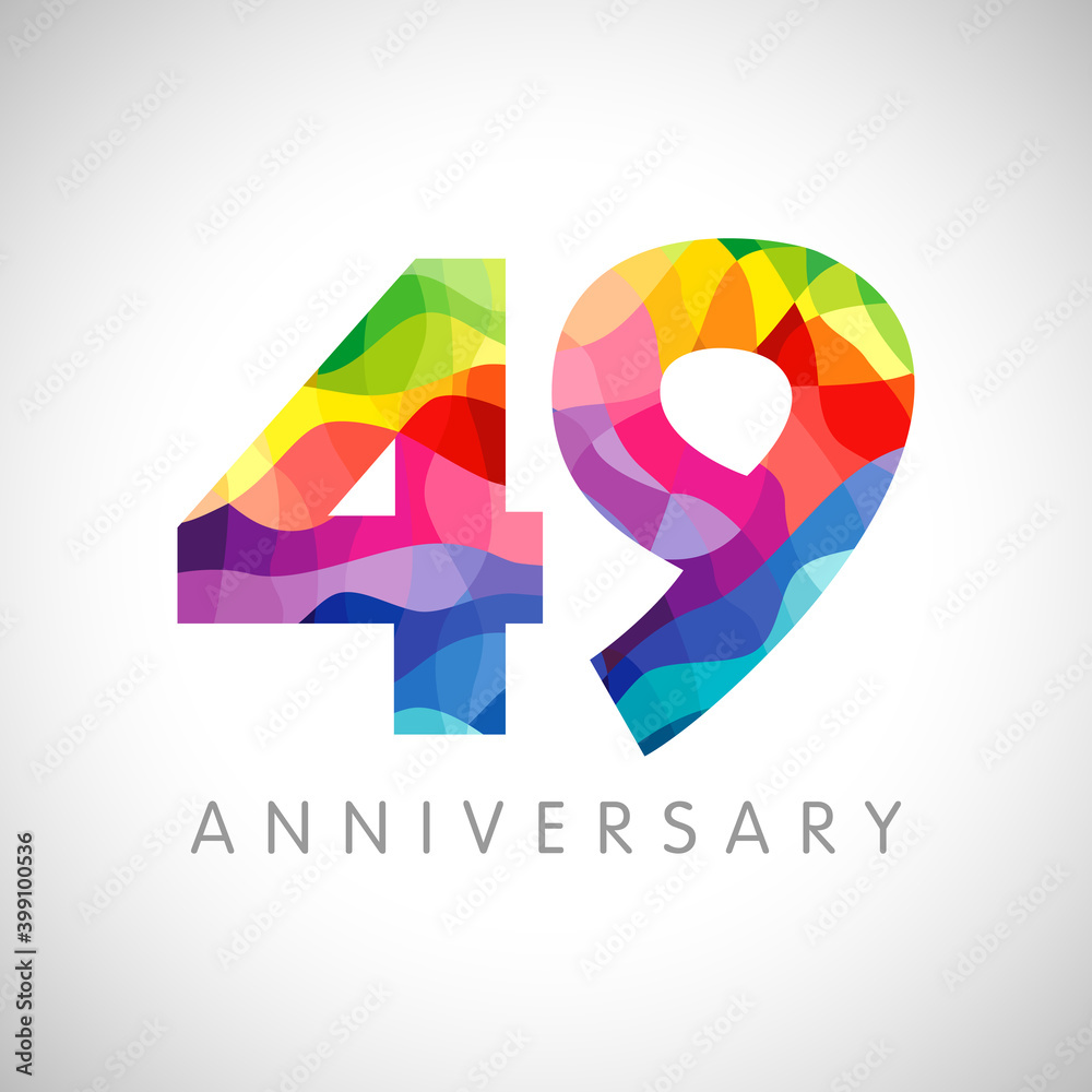 49th anniversary numbers. 49 years old logotype. Bright congrats. Isolated abstract graphic design template. Creative 4, 9 sign, 3D digits. Up to 49%, -49% percent off discount. Congratulation concept