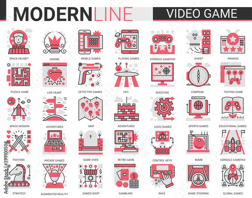 Video game red black complex flat line icon vector illustration set with entertainment mobile app symbols collection, devices and gadgets for gamers, vr glasses for gaming in augmented reality.
