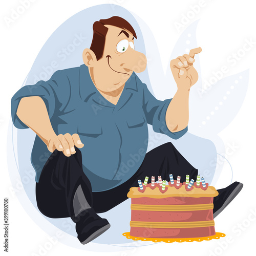 Happy fat man with big cake. Illustration for internet and mobile website.
