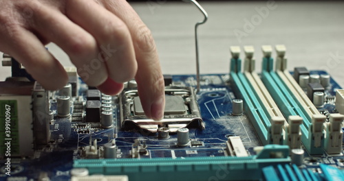 the dolly video of the CPU socket of the computer's motherboard. the concept of computer, motherboard, hardware and technology.